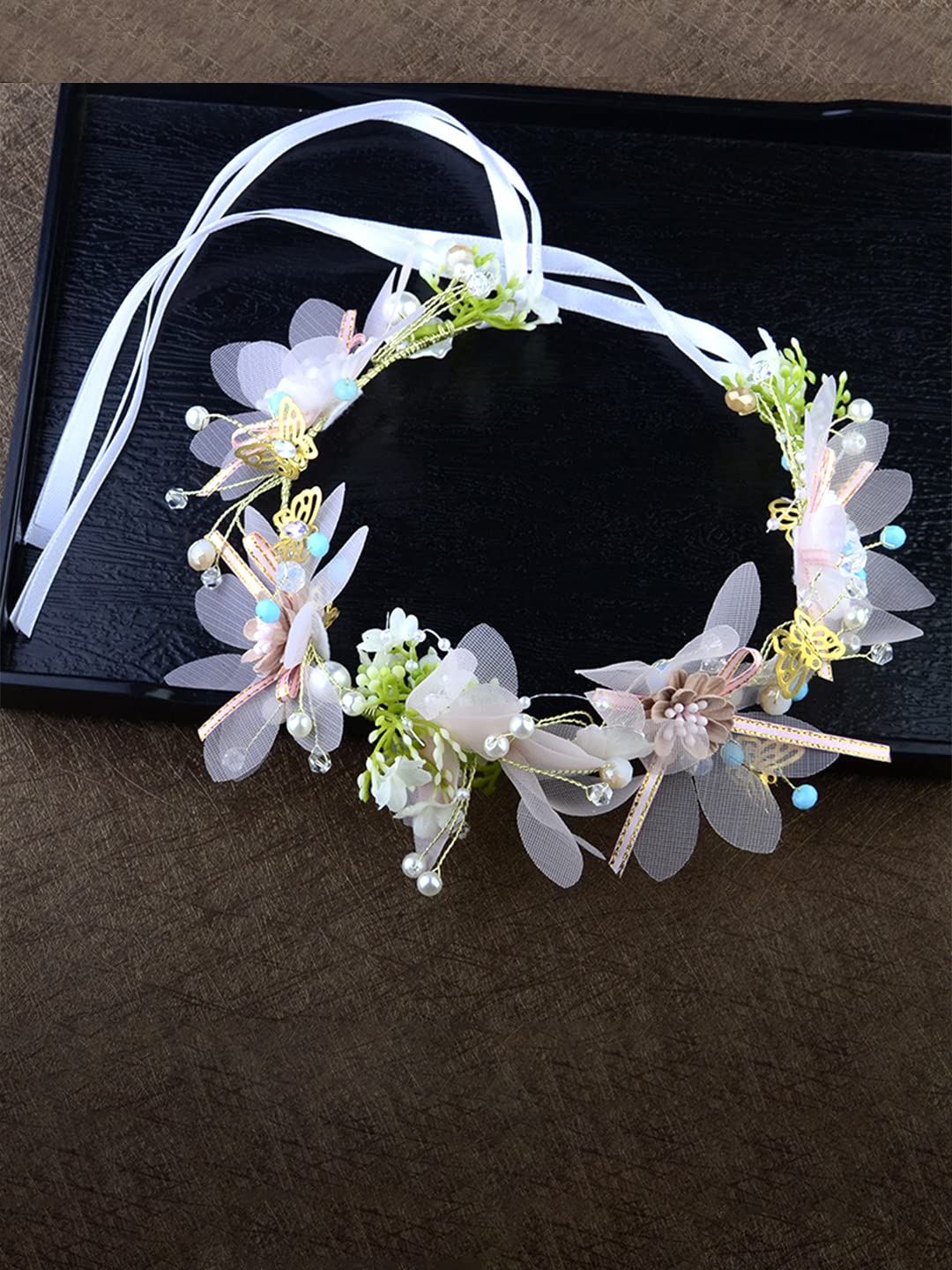 Yellow Chimes Tiara for Women and Girls Floral Hair Vine for Women White Bridal Hair Vine Tiara Headband Hair Accessories Wedding Jewellery for Girls and Women Bridal Hair Accessories for Wedding.