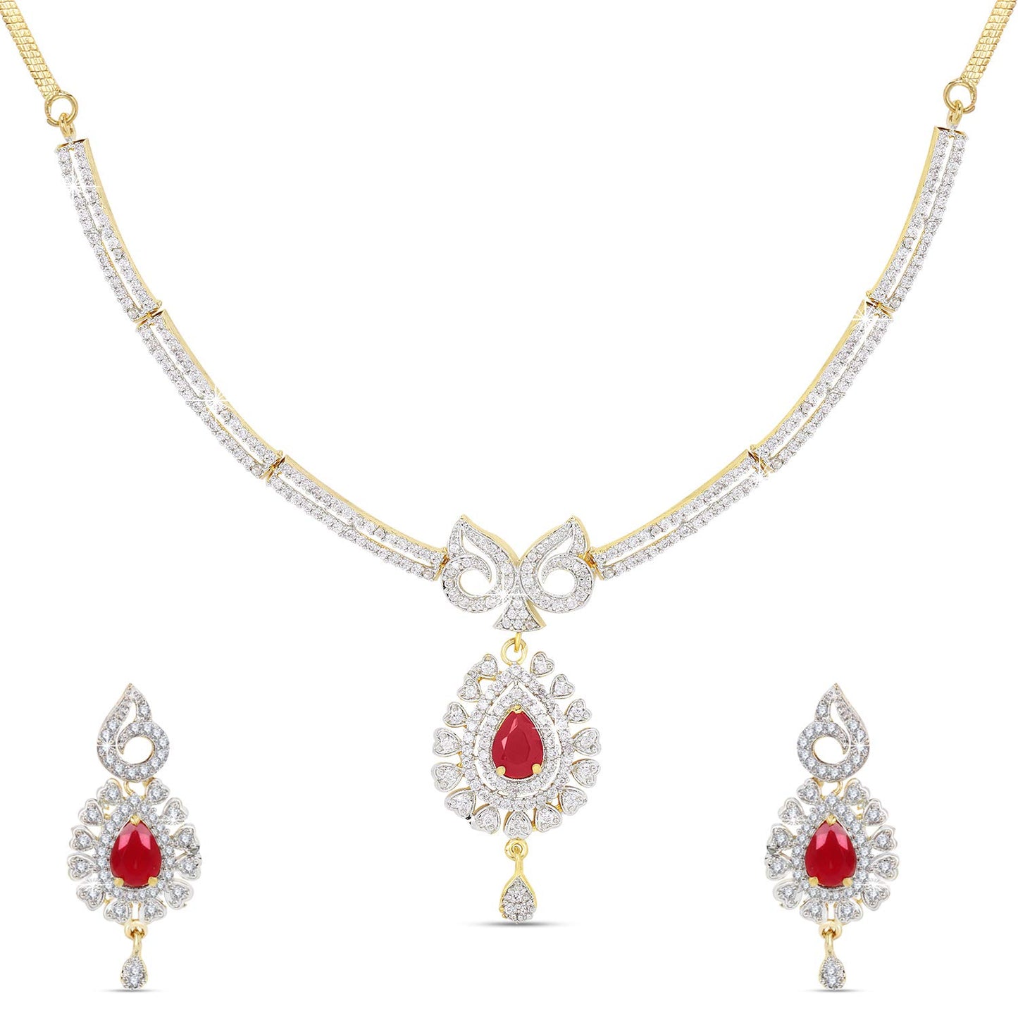 Yellow Chimes American Diamond Necklace Set For Women | Red and White Stone Gold plated Jewellery Set For Women | Diamond Necklace Set | Birthday Gift for Girls Anniversary Gift for Wife