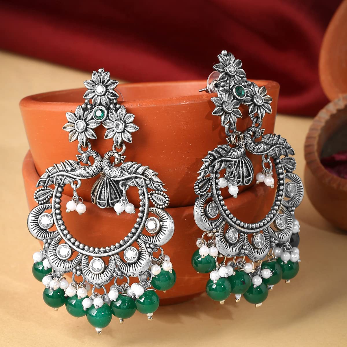 Yellow Chimes Earrings for Women Silver Oxidised Stone Studded Green Beads Drop Peacock Designed Drop Earrings for Women and Girls