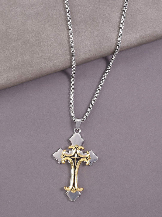 Yellow Chimes Cross Pendant for Men Chain Men Pendant Dual Tone Cross Sign Gold Polished Stainless Steel Chain Pendant for Men and Boys.