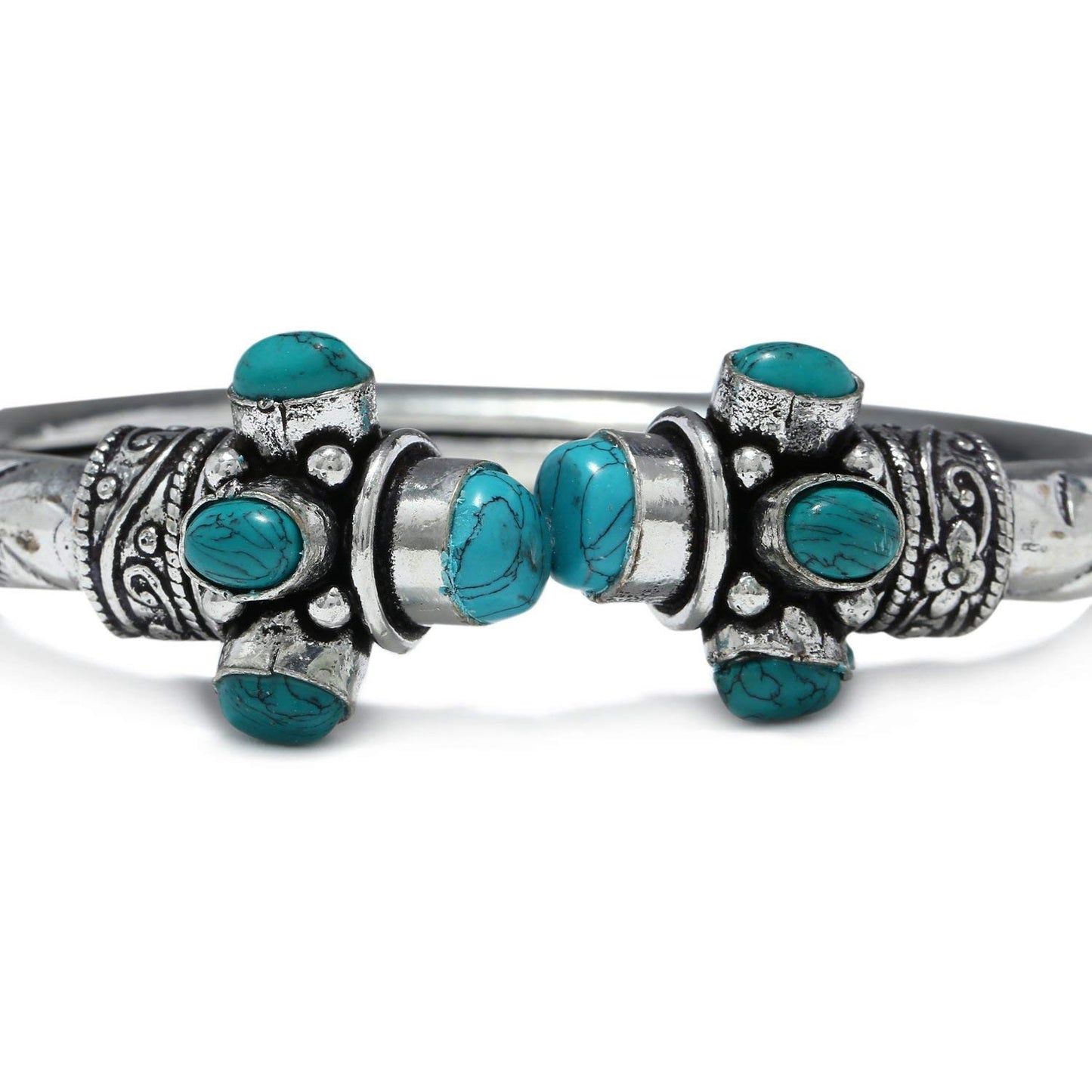 Kairangi Oxidised Silver Bracelet for Men Turquoise Green Tribal Stone Silver Oxidised Kadaa Bangle Bracelet for Women and Girls