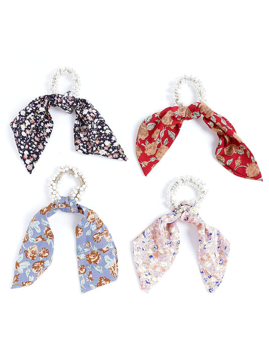 Yellow Chimes 4 Pcs Chiffon Soft Cloth 2 in 1 Design Printed Scrunchie Ponytail Holder with Bows Pearl Studded Hair Scrunchie Accessories for Women (Pack of 4), Multi-Color, Medium