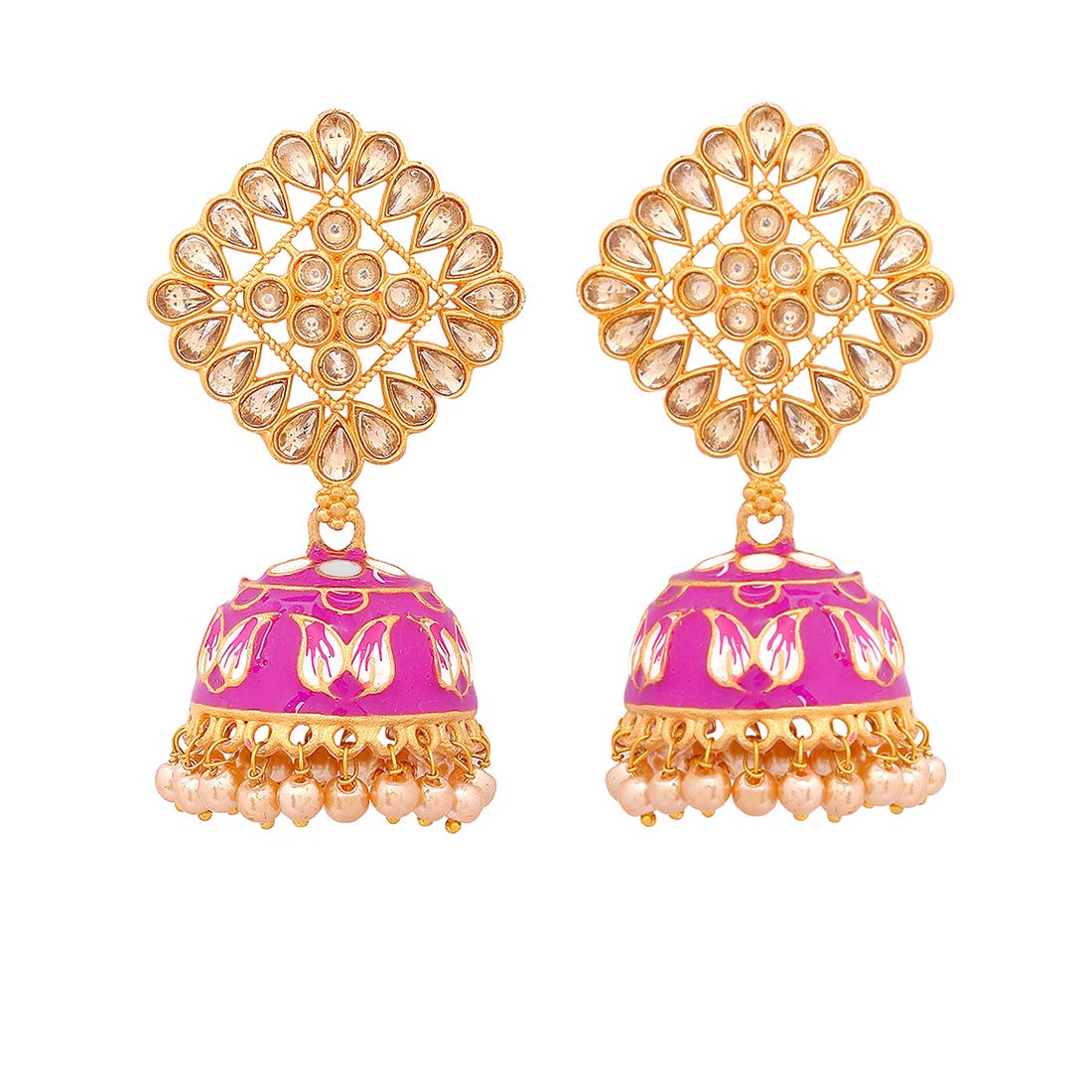 Yellow Chimes Traditional Gold Plated Pink Meenakari Kundan Studded Jhumki/Jhumka Earrings for Women and Girls, gold, pink, medium (YCTJER-393MKSQ-PK)