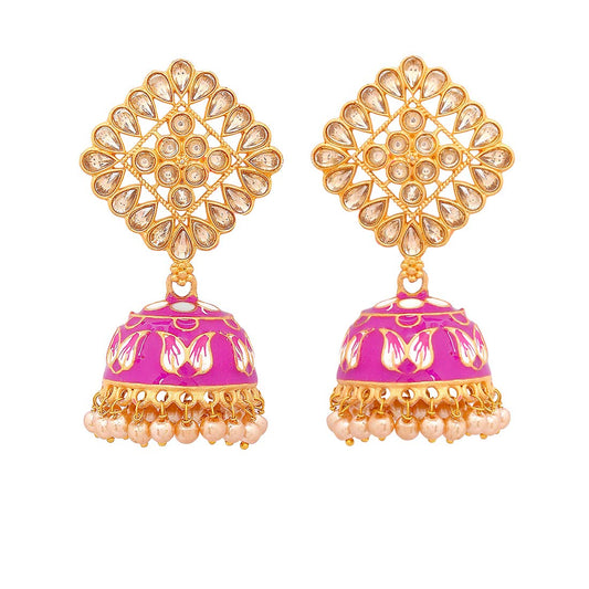 Yellow Chimes Traditional Gold Plated Pink Meenakari Kundan Studded Jhumki/Jhumka Earrings for Women and Girls, gold, pink, medium (YCTJER-393MKSQ-PK)