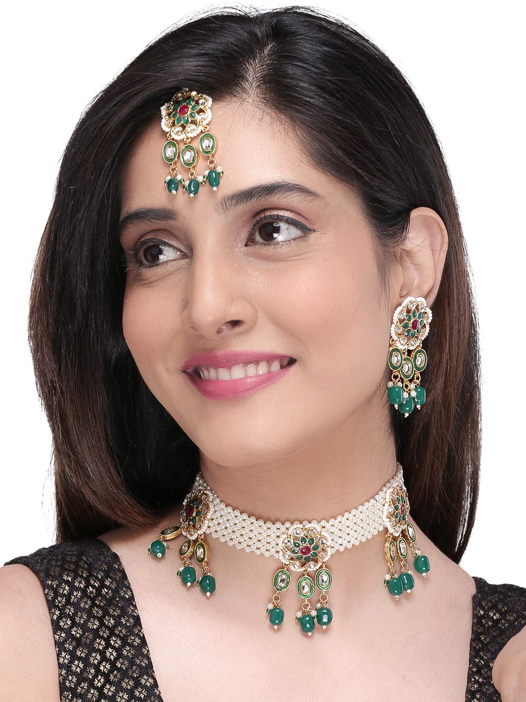 Yellow Chimes Ethnic Handcrafted Moti Green Jewellery Set Gold Plated Traditional Floral Choker Necklace Set With Maang Tikka for women & Girls (Green)