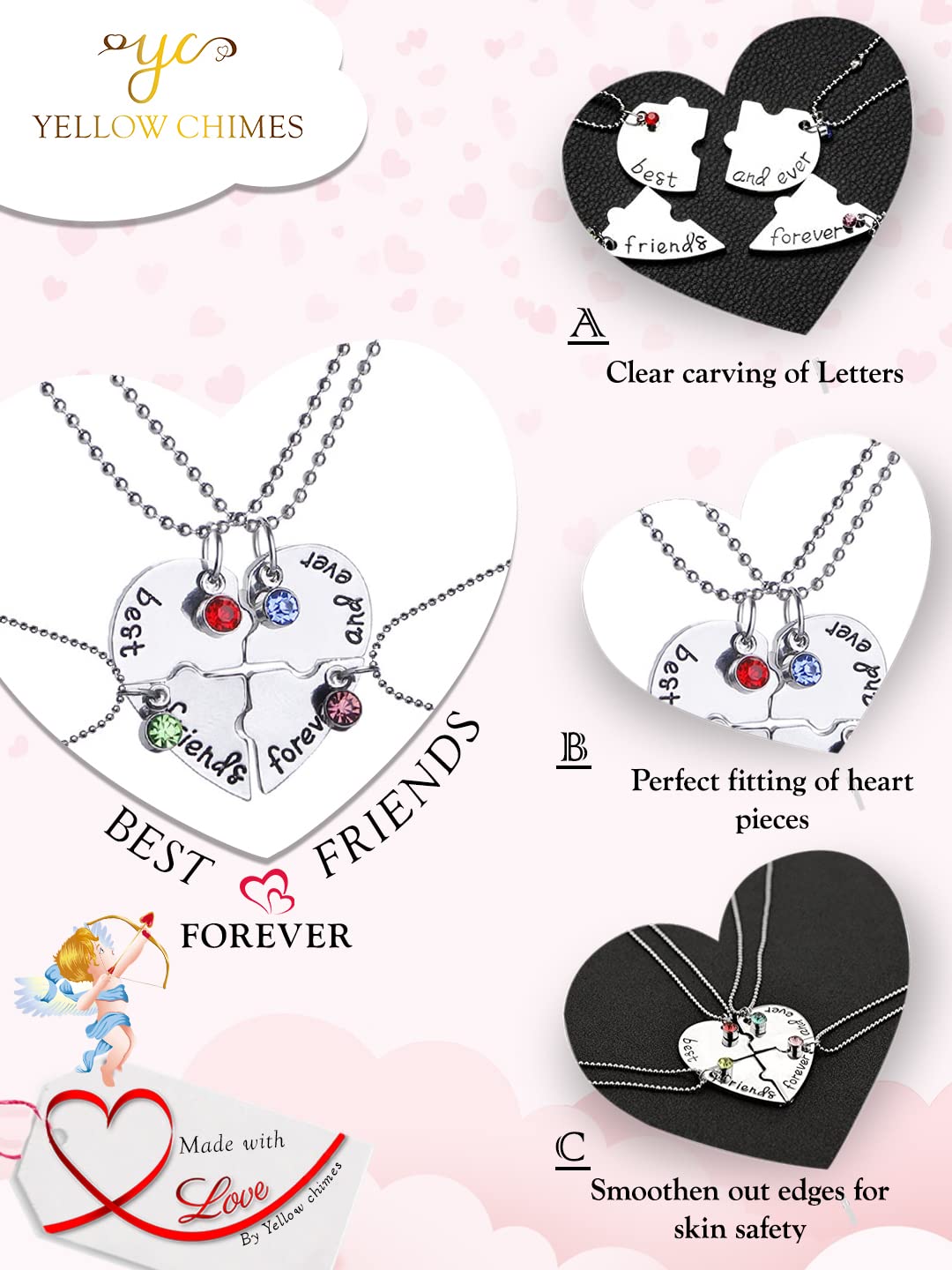 Yellow Chimes Pendant for Women and Girls Friendship's Day Special Silver Best Friend Chain Necklace | Heart Shaped 4 Pcs Best Friends Forever BFF Necklace Chain Pendant Locket | Gift for Best Friend