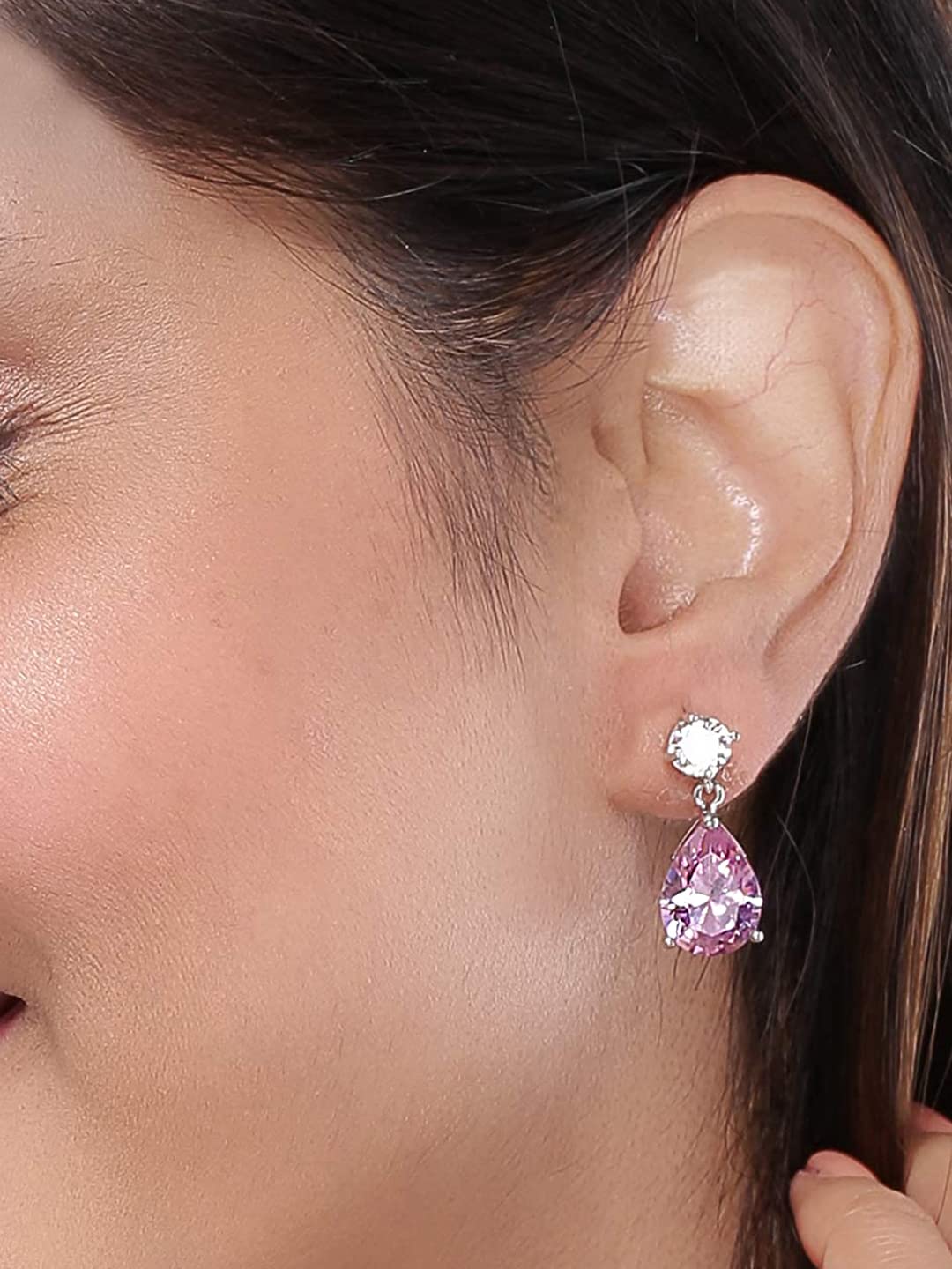 Kairangi Earrings for Women and Girls | Fashion Pink Stone Studded Crystal Drop | Silver Tone Drop Earring | Oval Shaped Drop Earrings | Birthday Gift for Girls and Women Anniversary Gift for Wife