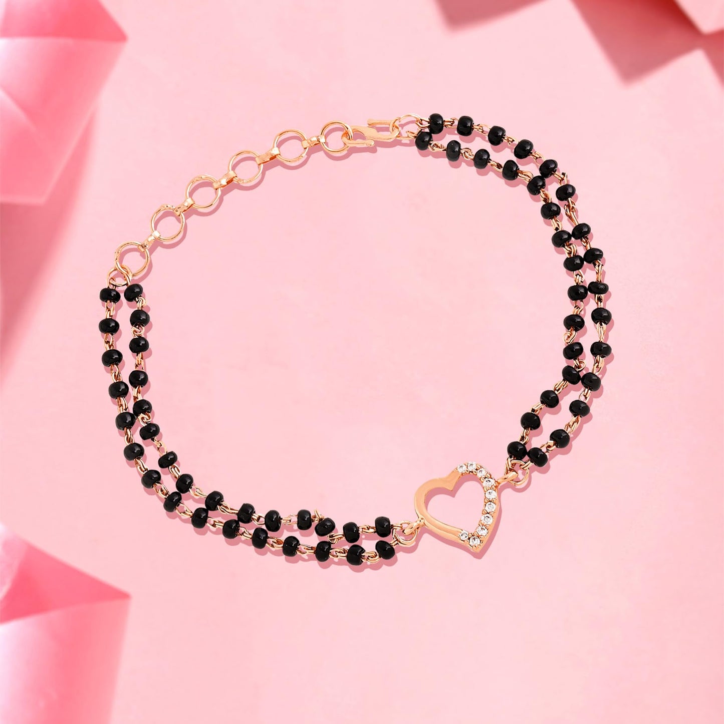 Yellow Chimes Mangalsutra Bracelet for Women Black Beads Heart Charm Rose Gold Plated Hand Mangalsutra Bracelets for Women | Marriage Anniversay Birthday Gift For Wife and Women