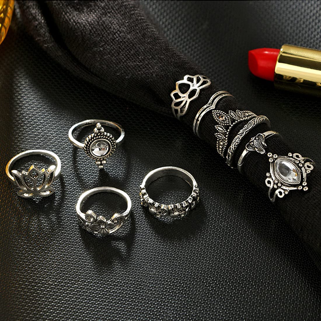 Yellow Chimes 10 Pieces Combo Flower Design Vintage Style Midi Finger Silver Oxidised Knuckle Rings Set for Women and Girls (YCFJRG-R193FLOR-C-SL)