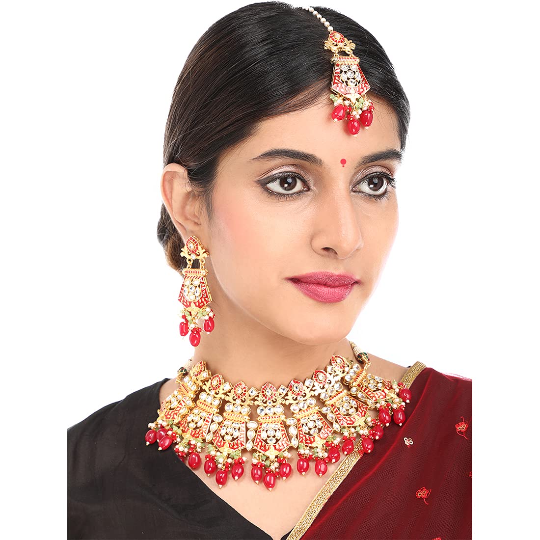 Yellow Chimes Ethnic Gold Plated Kundan Red Beads Design Jewellery Set Multicolour Meenakari Choker Necklace Set with Earrings and maang Tikka for Women and Girls