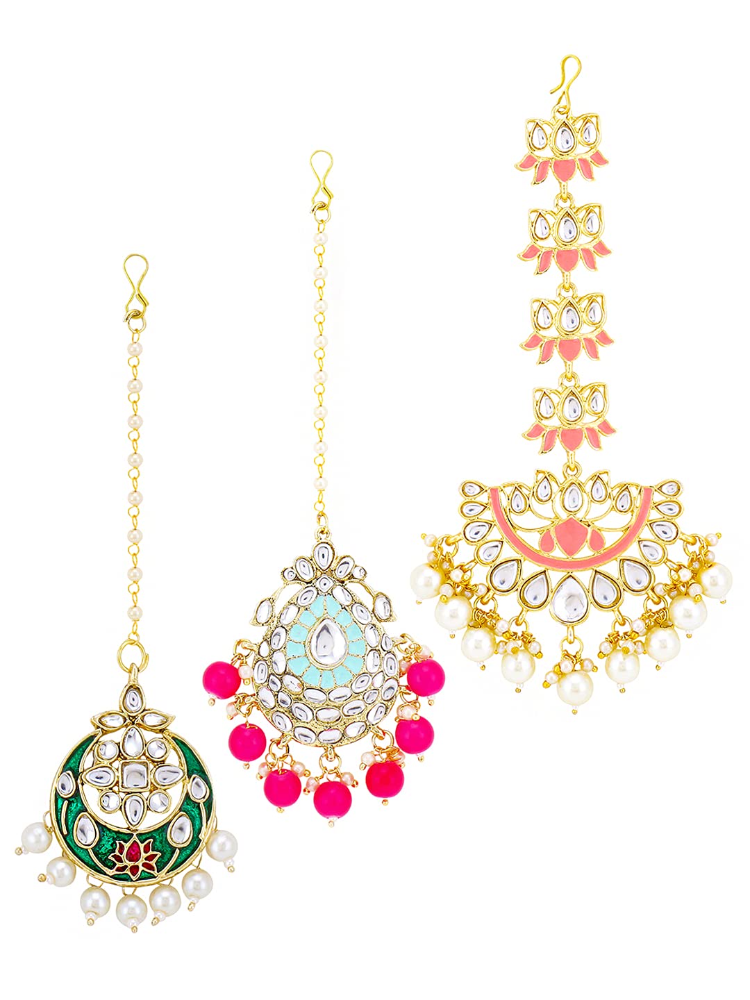 Yellow Chimes Maang Tikka for Women Traditional Gold Plated Combo of 3 Pcs Multicolor Kundan Ethnic MaangTika for Women and Girls.