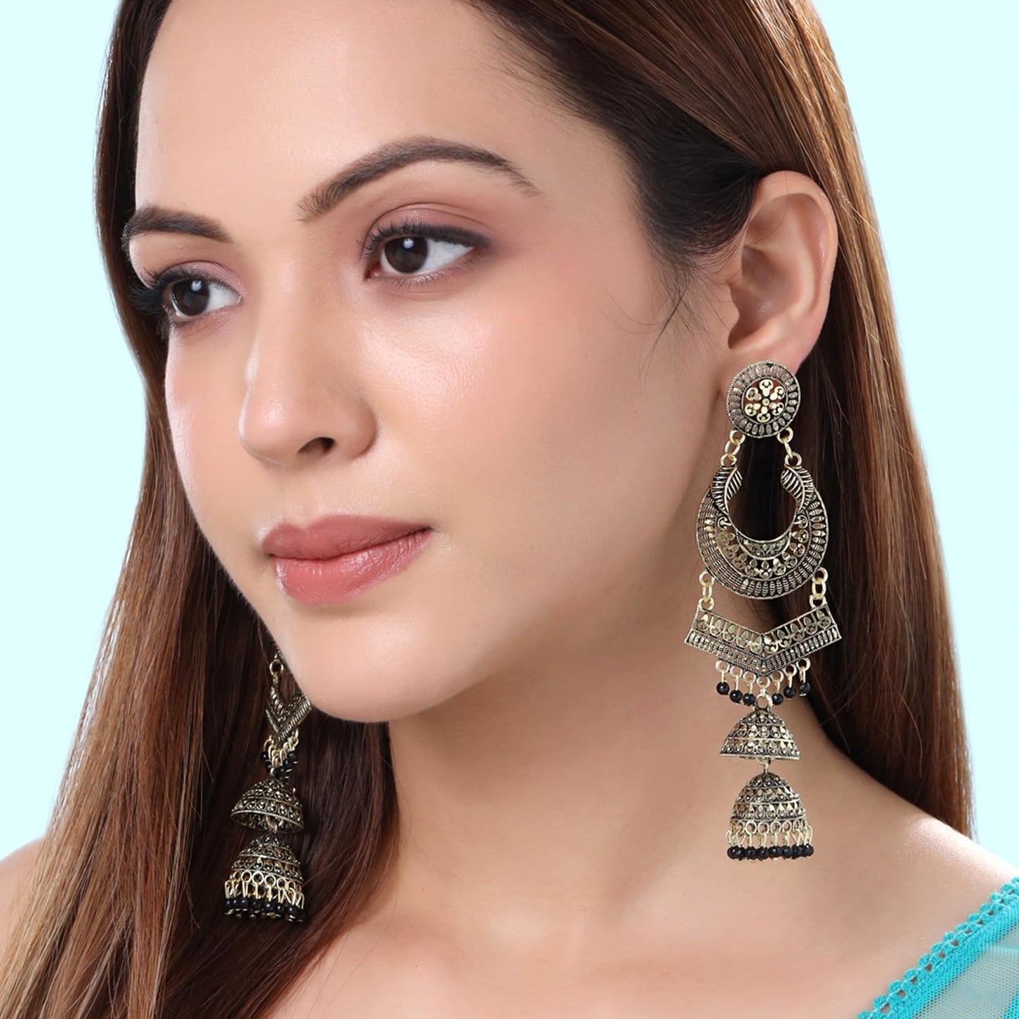 Yellow Chimes Earrings for Women and Girls Oxidised Gold Chandbali | 2 Pair Combo of Multilayer Chand Baliyan Earrings|Birthday Gift For girls and women Anniversary Gift for Wife