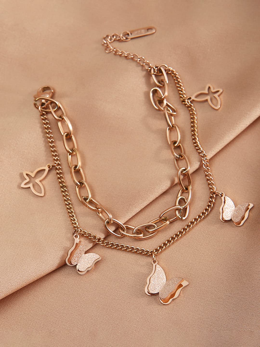 Yellow Chimes Bracelet for Women Rose Gold Stainless Steel Butterfly Charm Adjustable Chain Bracelet for Women and Girls