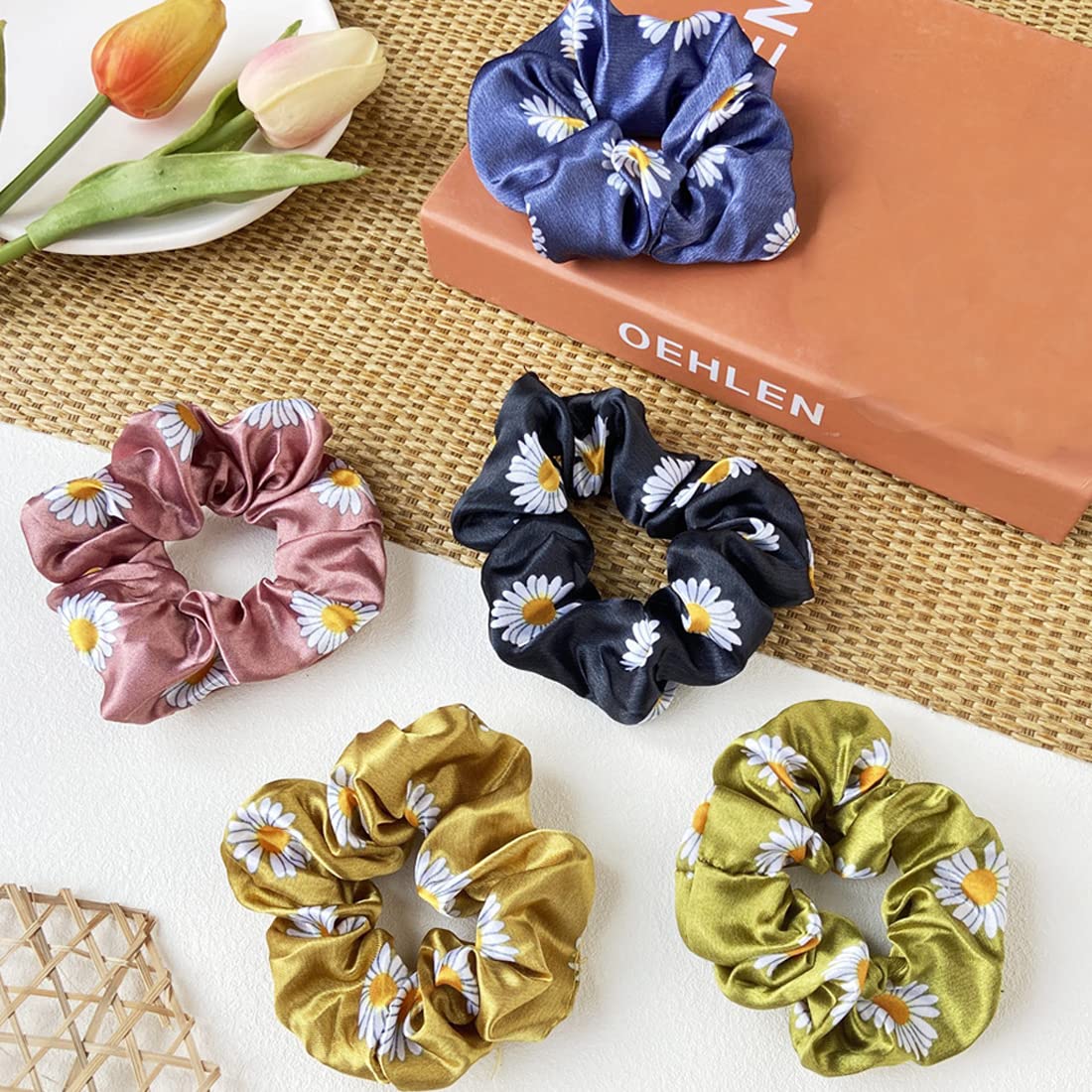 Yellow Chimes Scrunchies for Women Hair Accessories for Women 5 Pcs Satin Scrunchies Set Floral Print Rubber Bands Multicolor Scrunchie Ponytail Holders Hair Ties for Women and Girls Gifts for Women and Girls