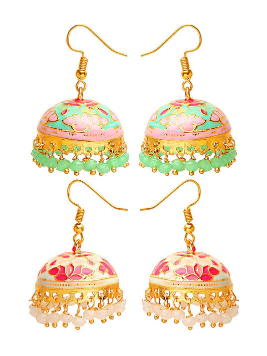 Yellow Chimes Meenakari Jumka Earrings with Ethnic Design Gold Plated Traditional Beads Combo of 2 pair for Women and Girls