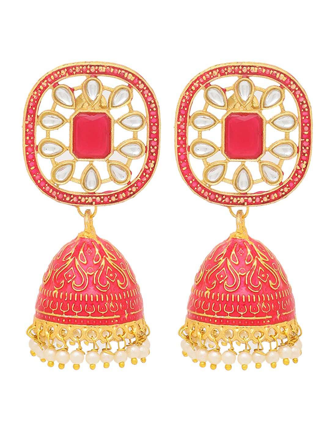 Yellow Chimes Jhumka Earrings for Women Pink Meenakari Jhumka Earrings Traditional Gold Plated Kundan Jhumka/Jhumki Earrings for Women and Girls