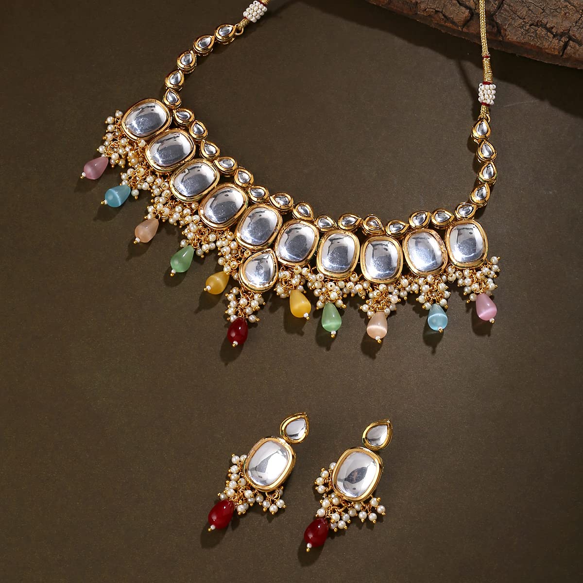 Yellow Chimes Jewellery Set for Women & Girls Kundans Necklace Set for Girls | Gold Plated Multicolor Beads Drop Kundan Choker Necklace Set | Birthday Gift for girls & women Anniversary Gift for Wife