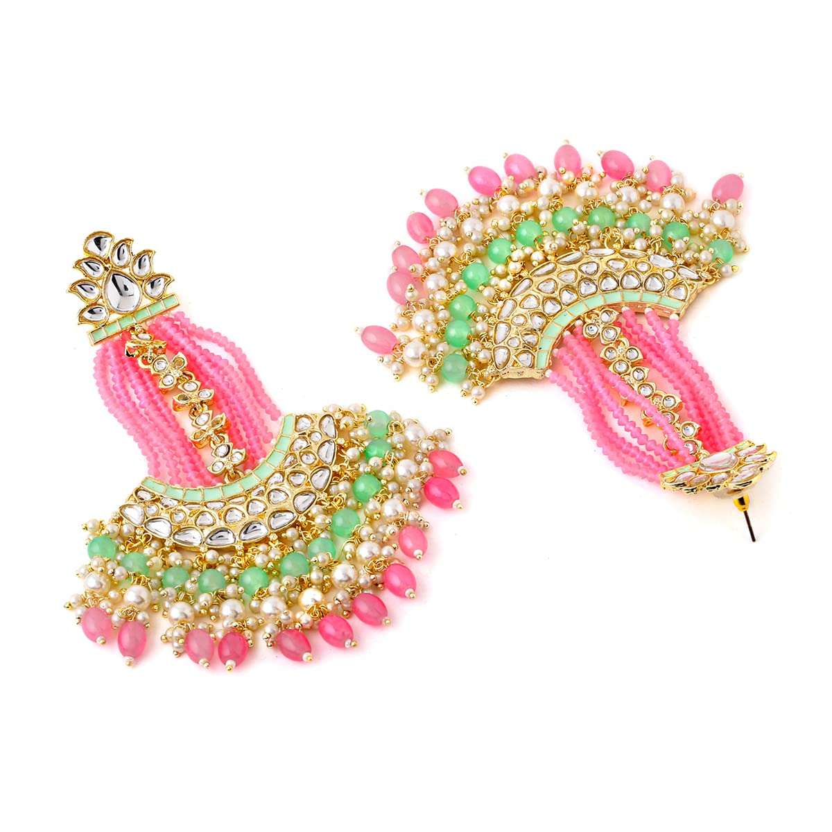 Yellow Chimes Earrings for Women Gold Toned Kundan Studded Green and Pink Beads Drop Chandbali Earrings for Women and Girls