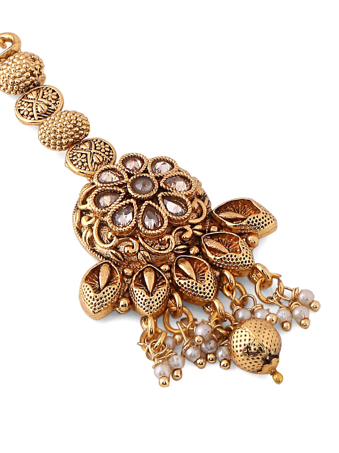 Yellow Chimes Manng Tikka for Women Gold Toned Crystal Studded Beads Drop Maang Tikka for Women and Girls