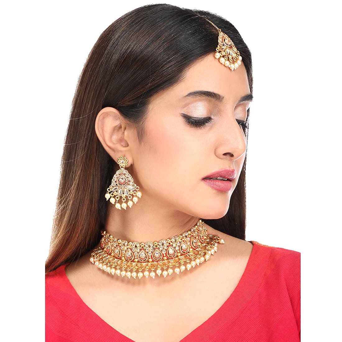 Yellow Chimes Gold Plated Traditional Kundan Studded Moti Beads Choker Necklace Set with Dangle Earrings and maang Tikka Bridal Jewellery Set, Medium, YCTJNS-15KUDLEF-GL