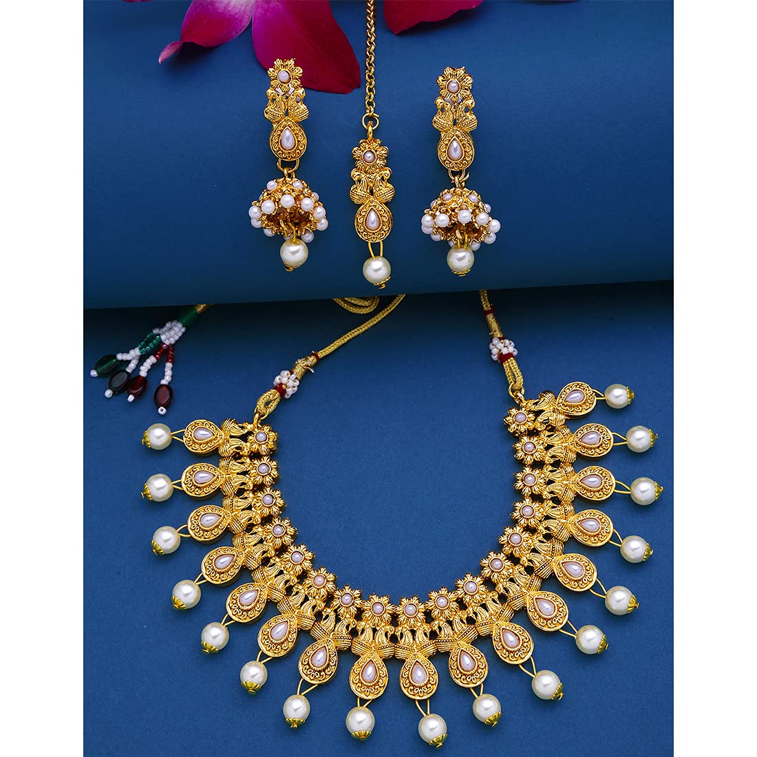 Yellow Chimes Ethnic Gold Plated Studded Kundan Pearl Moti Beads Jewellery Set Traditional Choker Necklace Set with Earrings and maang Tikka for Women and Girls