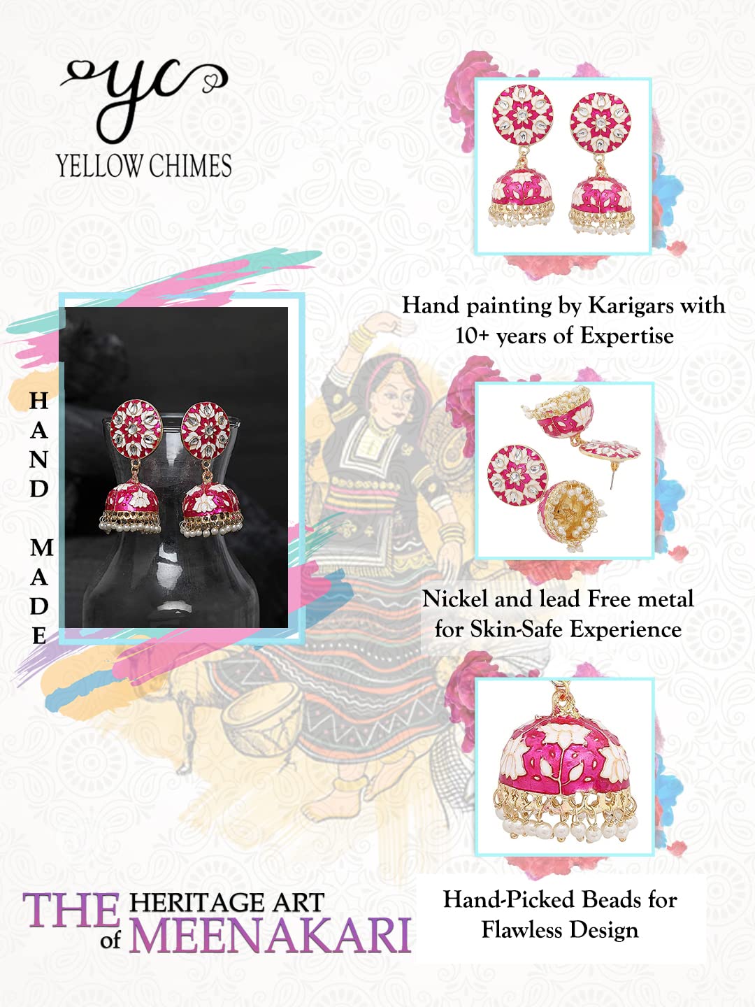 Yellow Chimes Earrings for Women & Girls | Traditional Pink Meenakari Jhumka | Gold Plated Kundan Jhumkas | Floral Jhumki Earrings | Birthday & Anniversary Gift