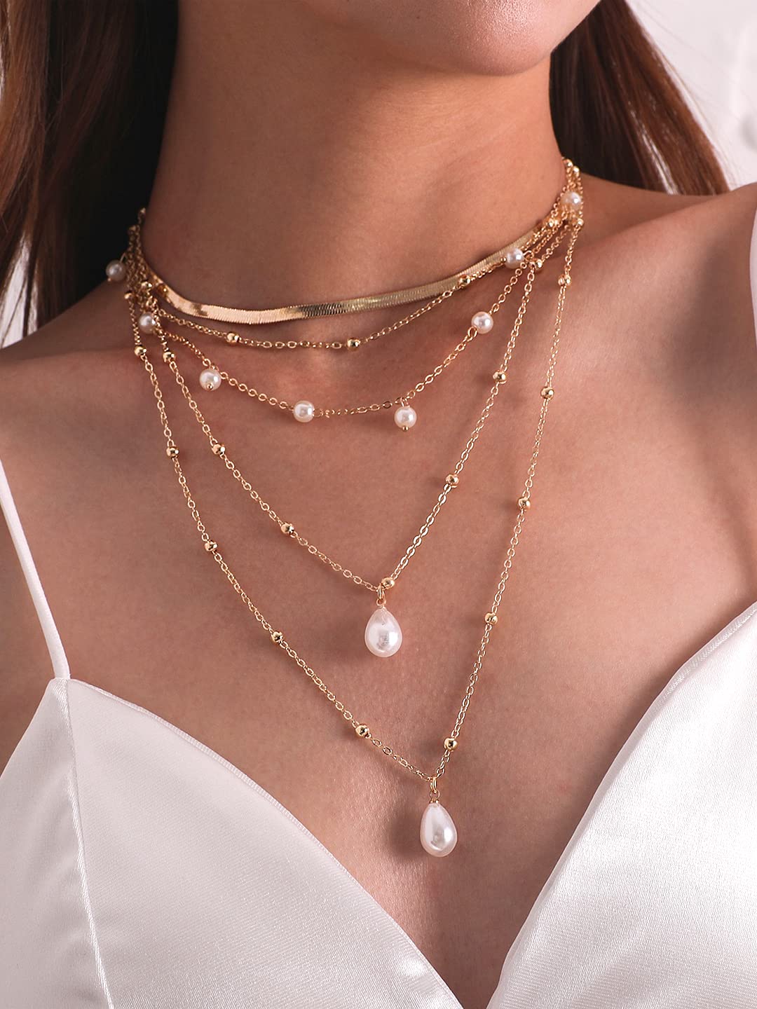 Yellow Chimes Necklace For Women Multilayer Gold Toned Statement Neckchain With Hanging Pearl Drop Necklace For Women and Girls