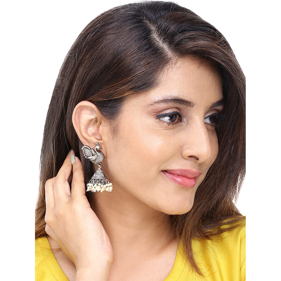 Yellow Chimes Ethnic German Silver Oxidised Peacock Design Pearl Traditional Jhumka Earrings for Women And Girls, Medium (Model Number: YCTJER-5OXDPKPRL-SL)