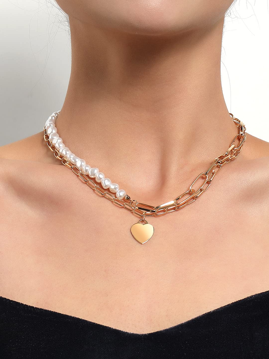 Yellow Chimes Necklace For Women Gold Toned Pearl Studded Multilayer Heart shaped Charm Chain Necklace For Women and Girls