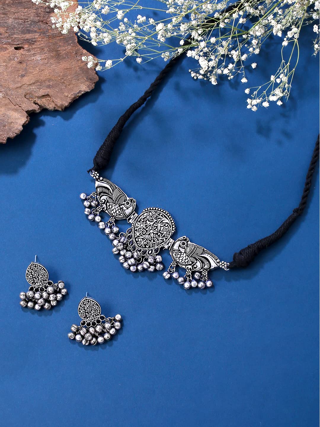 Yellow Chimes Silver Oxidised Necklace Set Peacock Design Ghungroo Choker Necklace Set for Women & Girls