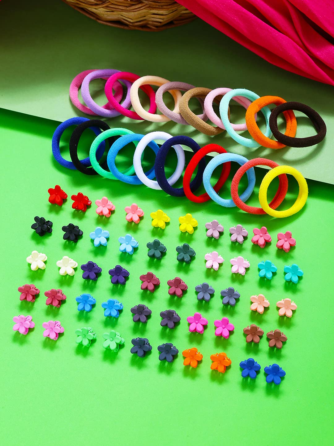 Melbees by Yellow Chimes 50 Pcs Flower Mini Hair Claw Clips with 40 pcs Pony Holders Rubber Bands, Hair Acessories for Girls Women Kids (Pack of 90), Multi-Color, Medium