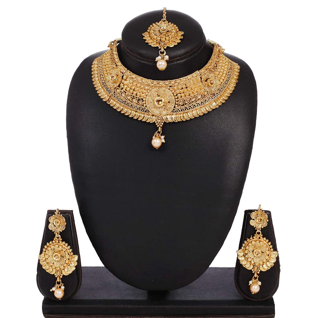 Yellow Chimes Gold Plated Traditional Flower Designer Studded pearl Choker Necklace, Earring & Maang Tikka Set Necklace set Necklace Jewellery Set For Women & Girls