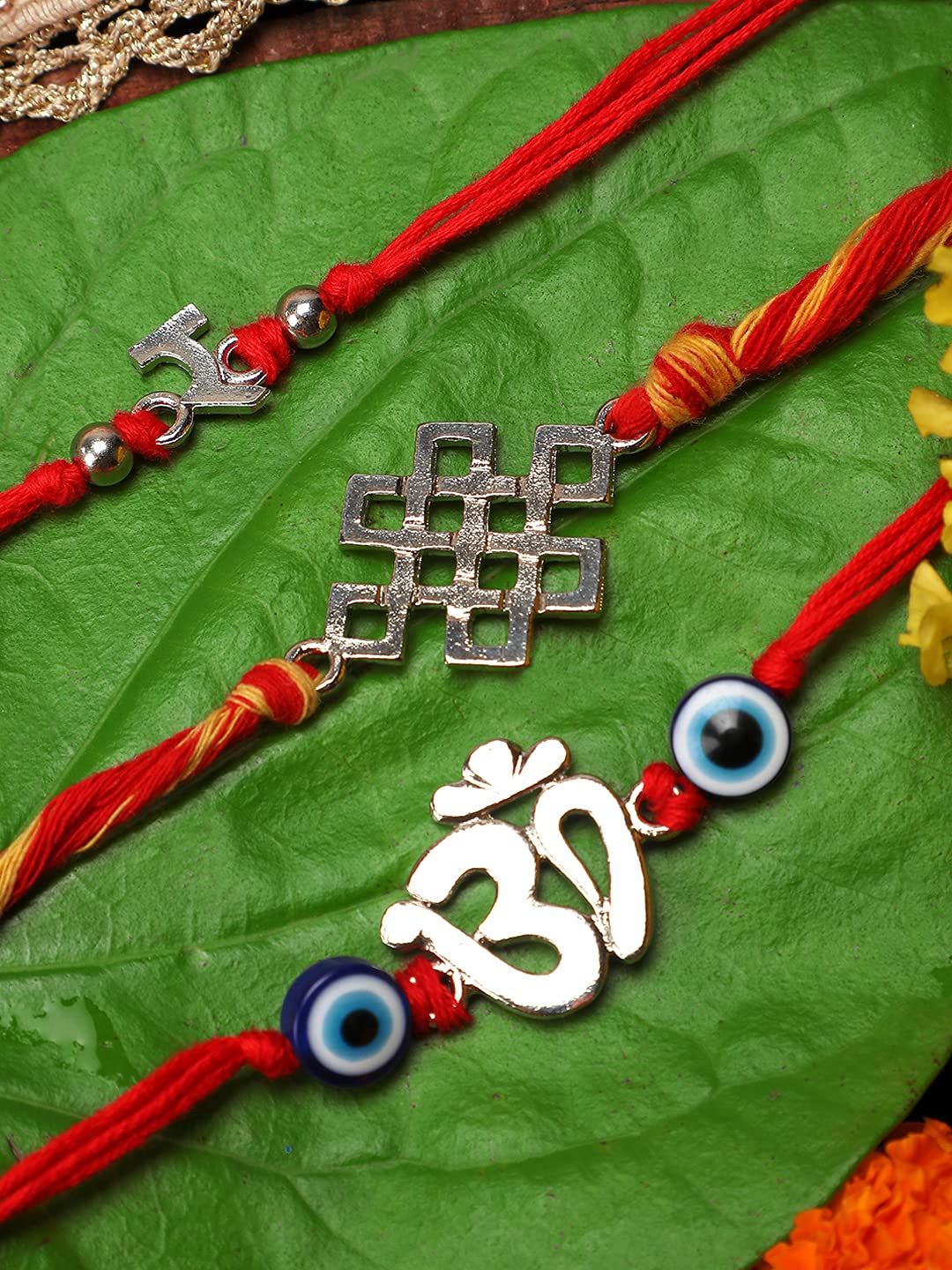 Yellow Chimes Combo of 3 Pcs Handmade Dori Worked Silver Toned OM Initial Letter R and Celtic Design Evil Eye Beads Rakhi for Brother with Roli & Chawal, Red, Silver, Medium (YCTJRK-30BHAY-SL)