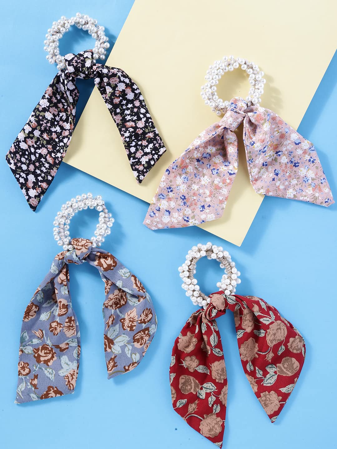 Yellow Chimes 4 Pcs Chiffon Soft Cloth 2 in 1 Design Printed Scrunchie Ponytail Holder with Bows Pearl Studded Hair Scrunchie Accessories for Women (Pack of 4), Multi-Color, Medium