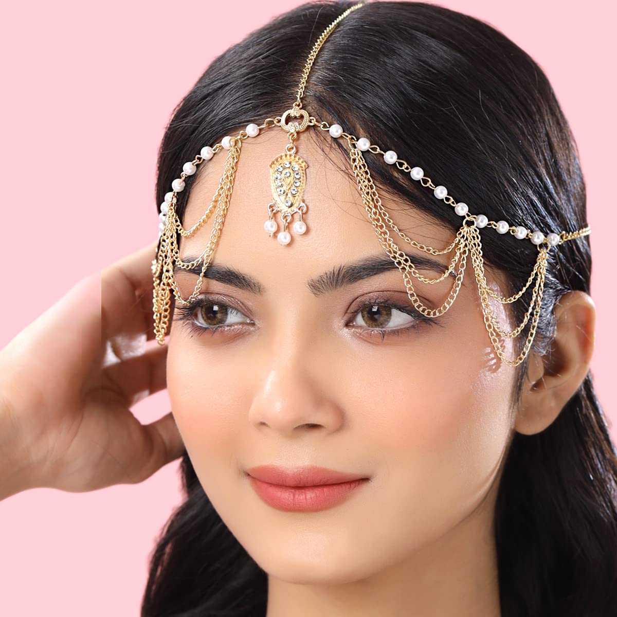 Yellow Chimes Head Chain For Women Layered Gold Toned Pearl Studded Charm Head Chain For Women and Girls