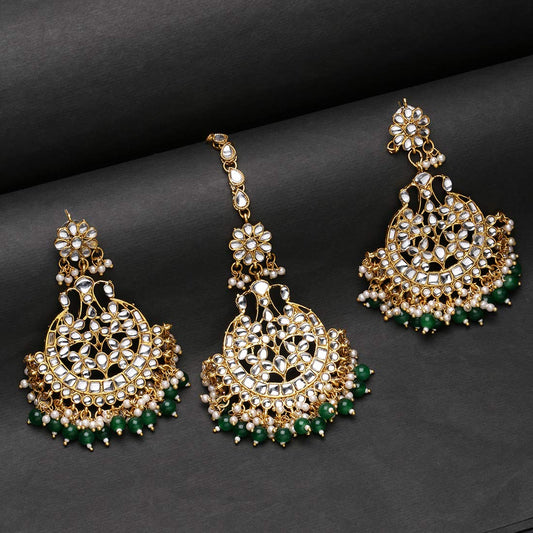 Yellow Chimes Traditional Chandbali Earrings Gold Plated Ethnic Kundan & Pearl Earring & Maangtikka Set for Women & Girls