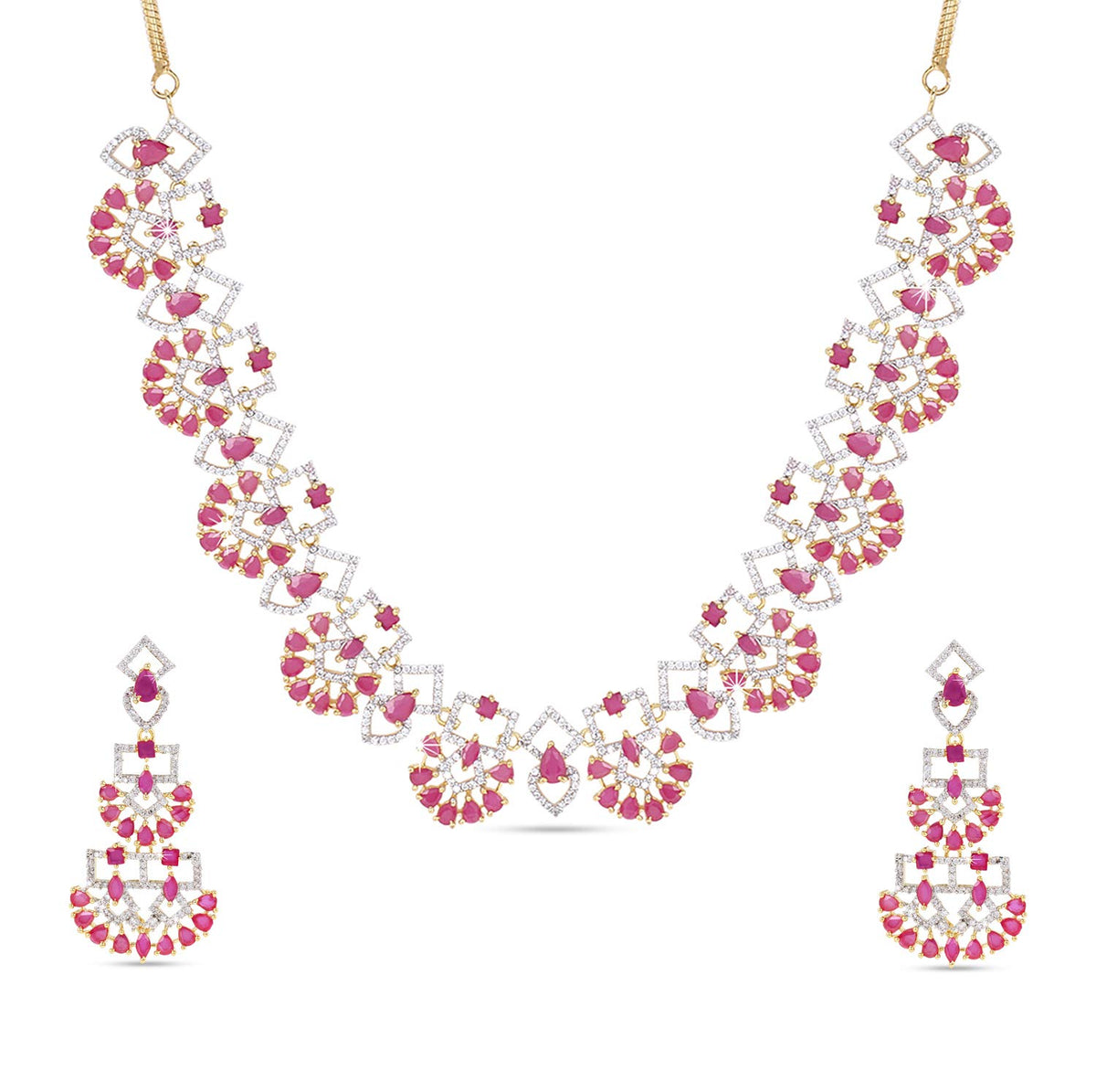 Yellow Chimes Luxurious Looks Pink AD/American Diamond Studded 18k Gold Plated Designer Necklace Set Jewellery Set for Women & Girls
