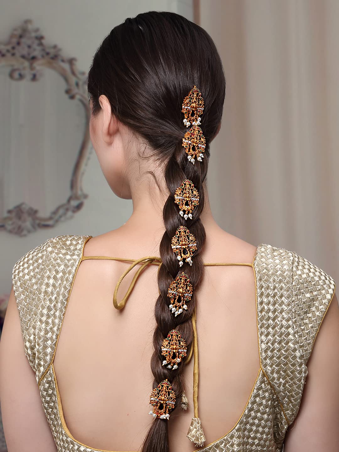 Yellow Chimes Jadai Billai for Women 9 Pcs Gold Plated Red Crystal Studded Beads Drop Choti Jadai Billai Hair Pin Bridal Hair Brooch Hair Jewellery for Women and Girls