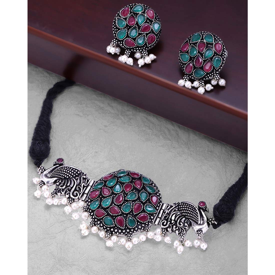 Yellow Chimes Ethnic German Silver Oxidised Studded Stone Peacock Design Threaded Choker Necklace Set Traditional Jewellery Set for Women and Girls, silver, multicolor, medium (YCTJNS-PECKSTON-MC)