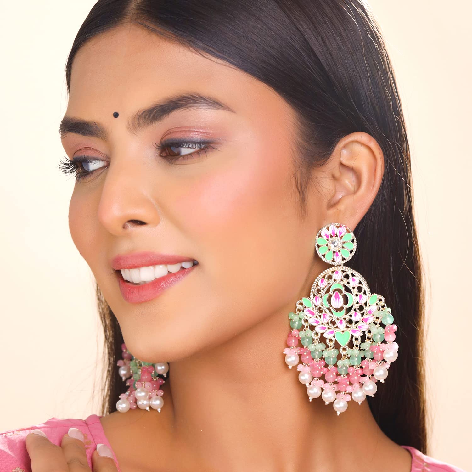 Yellow Chimes Earrings for Women and Girls Meenakari Chandbali | Gold Plated Green Pink Meenakari Chandbali Earrings | Birthday Gift for girls and women Anniversary Gift for Wife