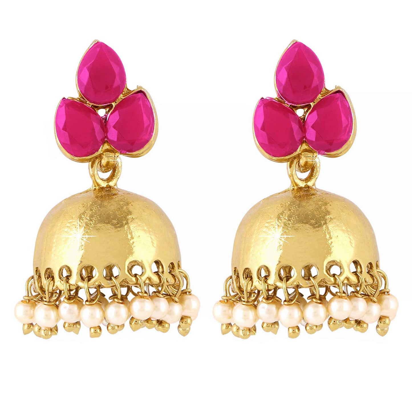 Yellow Chimes Earrings for Women and Girls | Traditional Pink Studded Stone Jhumka Earrings | Gold Plated | Leaf Shaped Jhumki | Accessories Jewellery for Women | Birthday Gift for girls and women Anniversary Gift for Wife