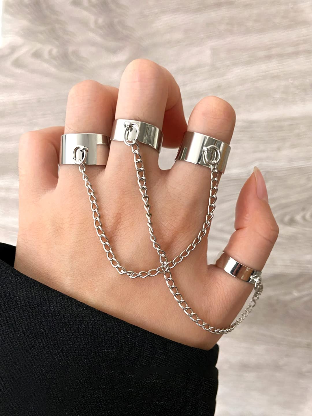 Yellow Chimes Rings For Women Silver Toned Combo Of 4 Chain Linked Cool Girls Punk Stylish Finger Rings For Women and Girls