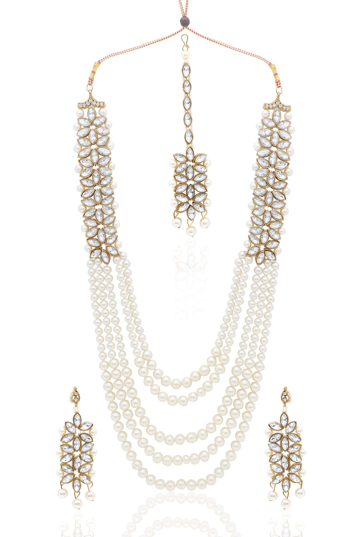 Yellow Chimes Ethnic Traditional White Kundan Multi Layer Pearl Long Rani Haar Necklace Set Jewellery Set for Women & Girls