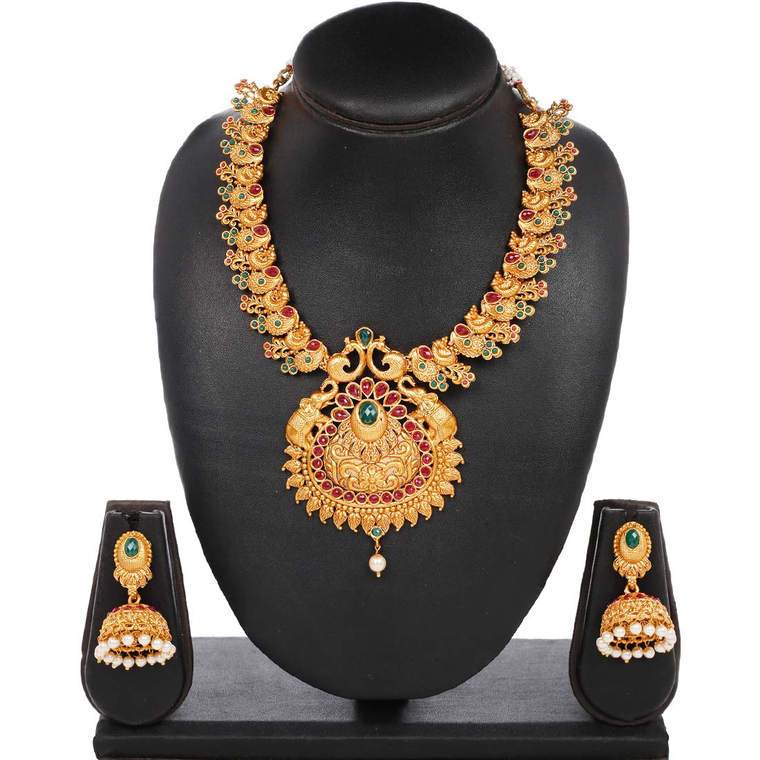 Yellow Chimes Ethnic Jewellery Set Gold Plated Peacock Jewelry Set Traditional Antique Ruby Necklace Set For Women & Girls