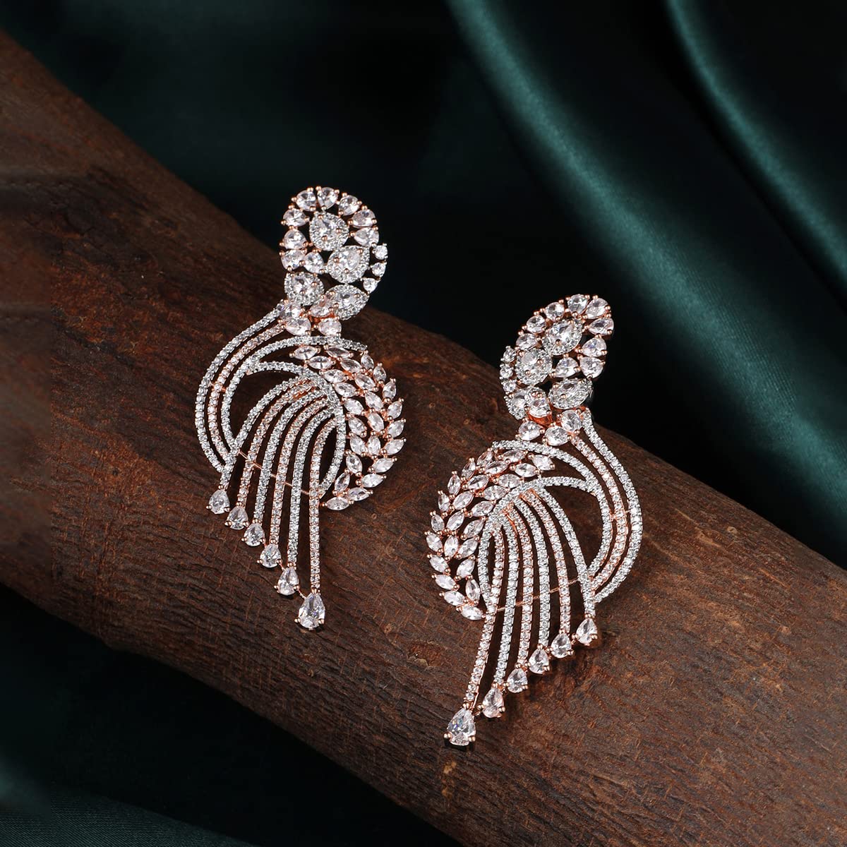 Yellow Chimes American Diamond Earrings for Women Rosegold Plated High Grade Authentic White AD Studded Dangler Earrings for Women and Girls.