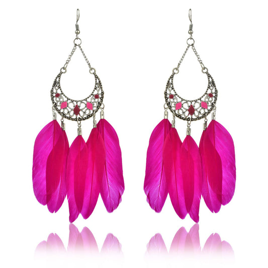 Yellow Chimes Pink Feathers Long Tassel Earrings for Women and Girls