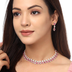 Yellow Chimes Jewellery Set for Womens Rosegold Plated AD/American Diamond Studded Pink Crystal Necklace Set with Earrings for Women and Girls