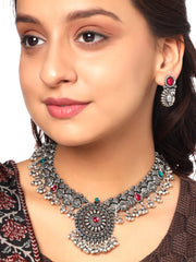 Yellow Chimes Oxidised Jewellery Set for Women Authentic Kolhapuri Work Handmade Silver Traitional Silver Oxidized Choker Necklace Sets for Women and Girls.