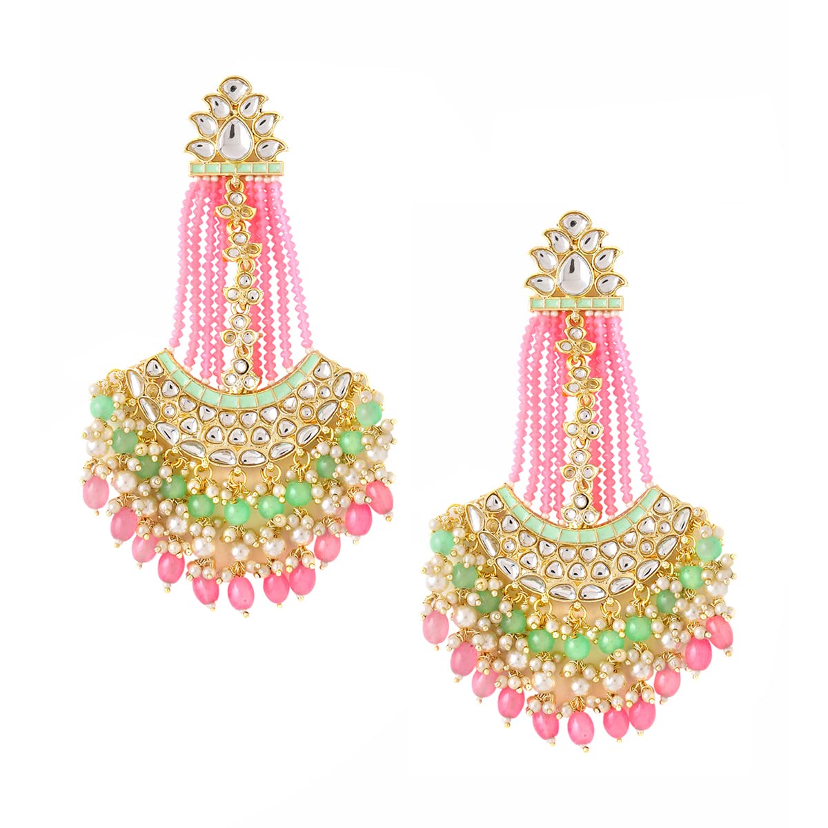 Yellow Chimes Earrings for Women Gold Toned Kundan Studded Green and Pink Beads Drop Chandbali Earrings for Women and Girls