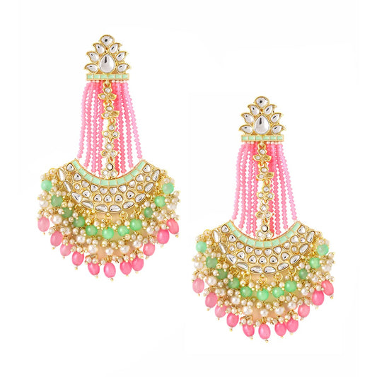 Yellow Chimes Earrings for Women Gold Toned Kundan Studded Green and Pink Beads Drop Chandbali Earrings for Women and Girls